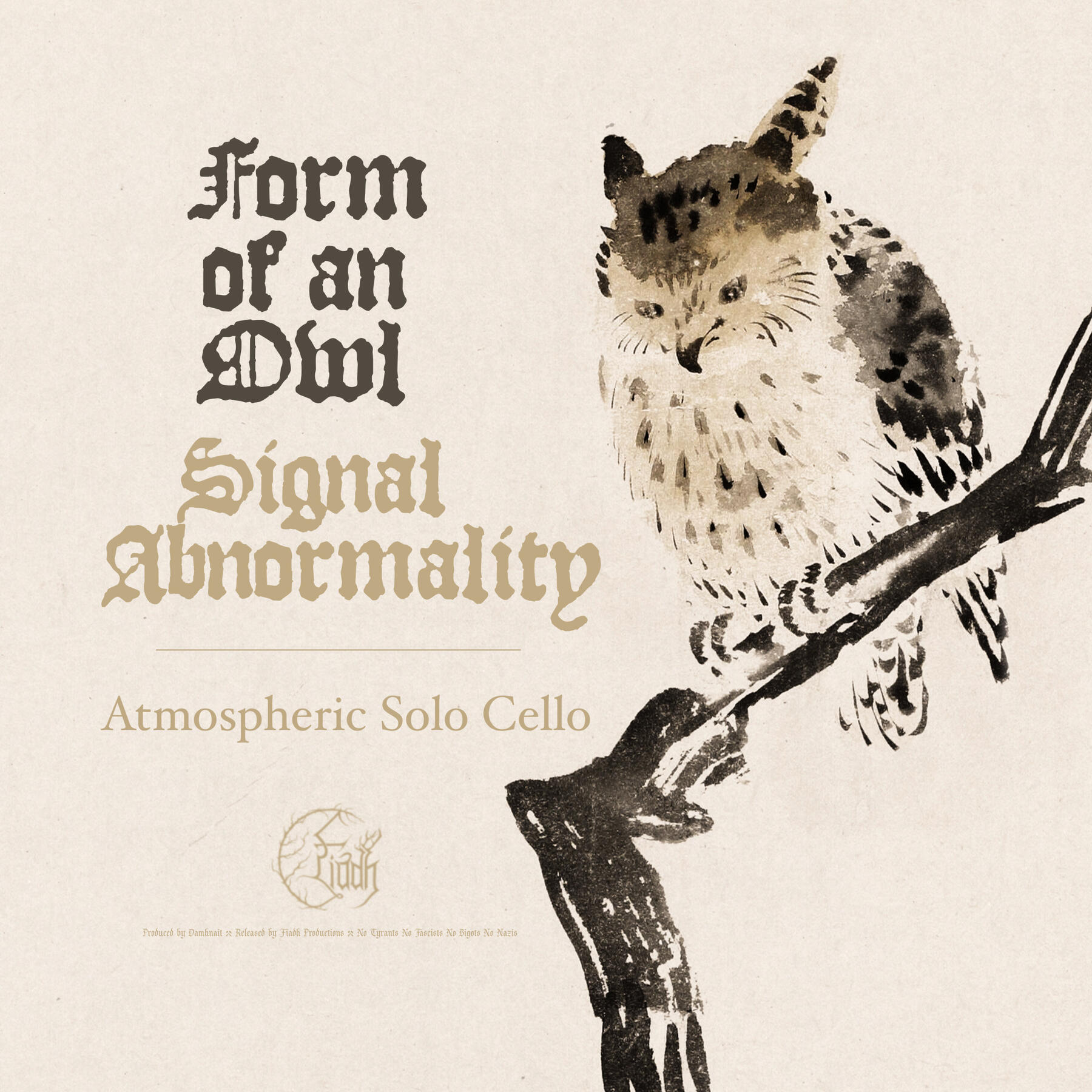 Album cover for "Form of an Owl - Signal Abnormality" featuring watercolor owl perched on branch, and Fiadh Productions logo